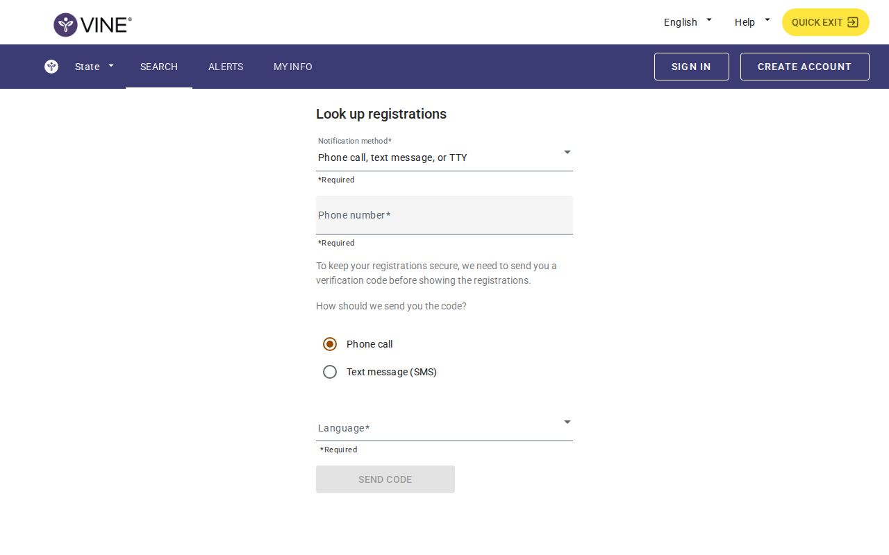 VINELink custody notification registration interface