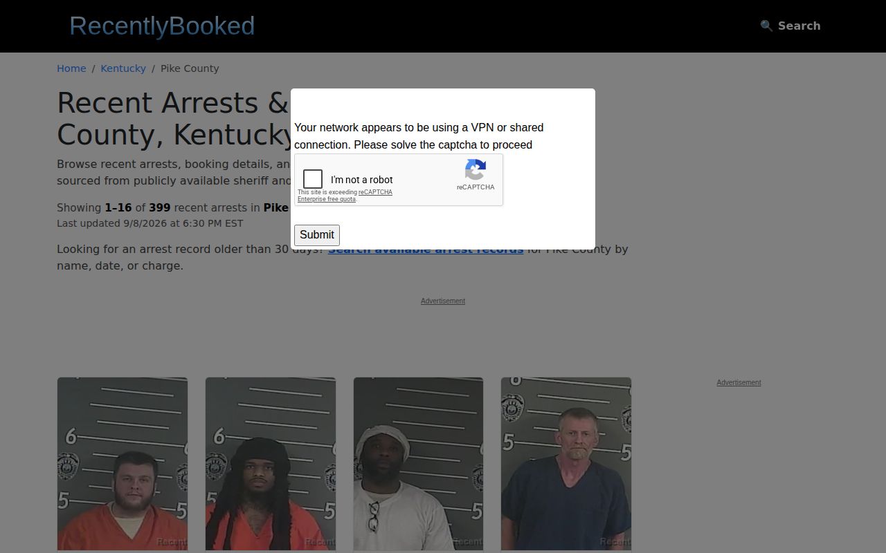 RecentlyBooked Pike County booking interface