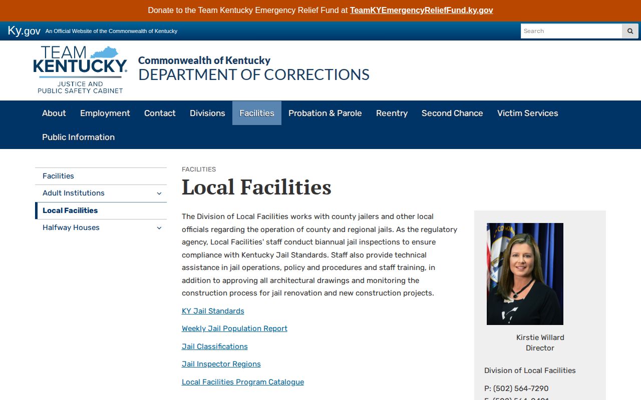 Kentucky Department of Corrections local facilities page