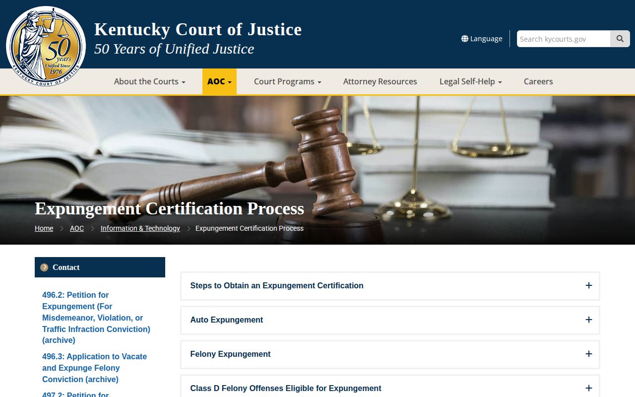 Kentucky Court of Justice expungement guidance page
